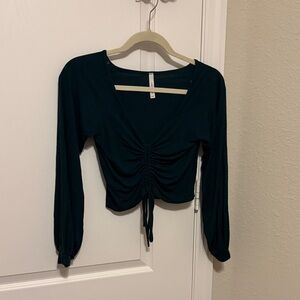 Chocolate Hunter Green Ruched Tie-Front Long Sleeve Crop Top